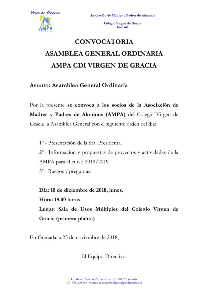 Convocatoria Asamblea General Ordinaria AMPA - Colegio Virgen de Gracia  Granada