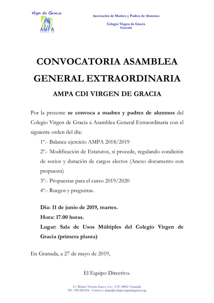 AMPA - Convocatoria Asamblea General Extraordinaria - Colegio Virgen de  Gracia Granada